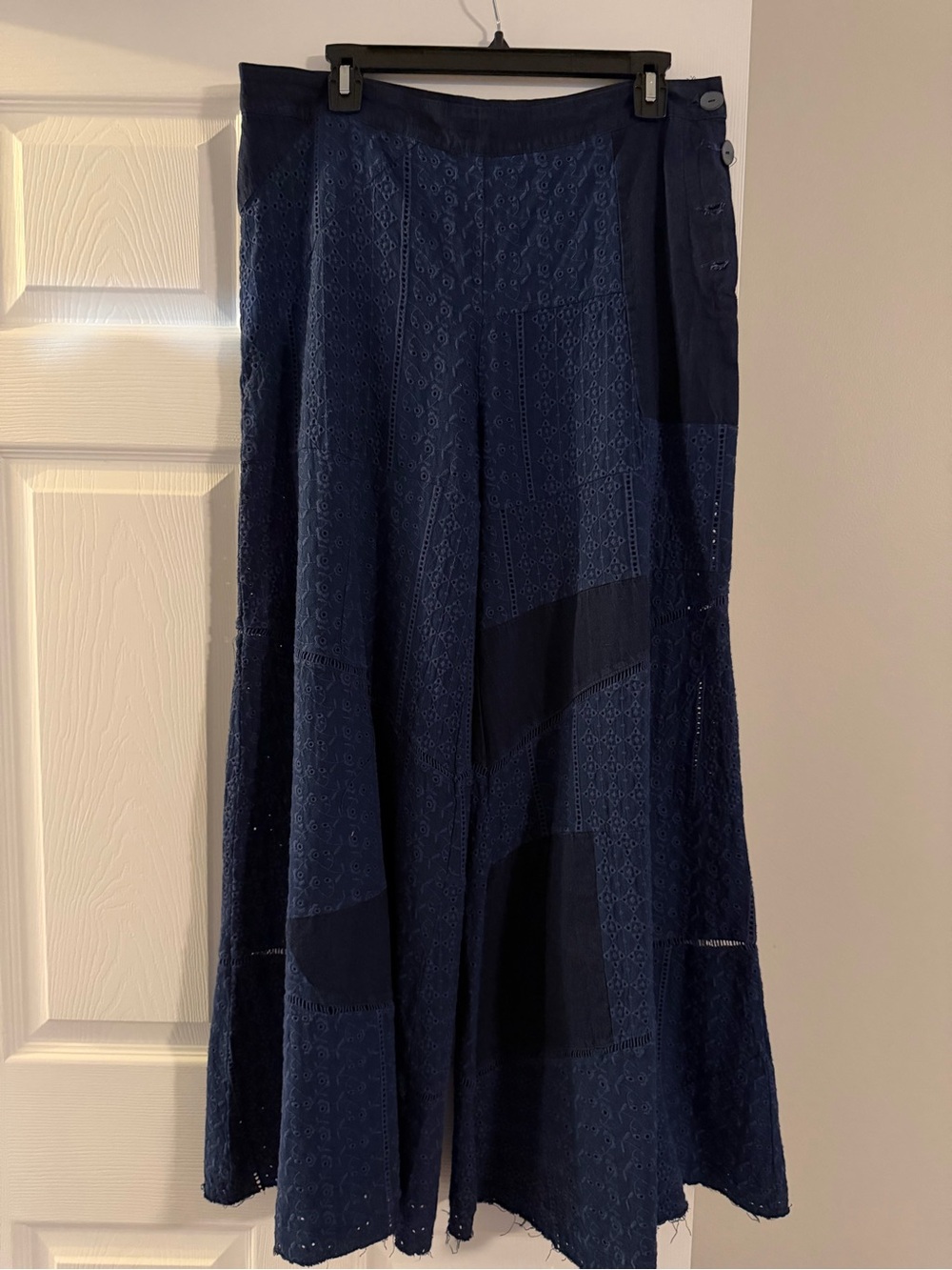 Free People Navy Eyelet Patchwork Wide Leg Palazzo Pants Boho